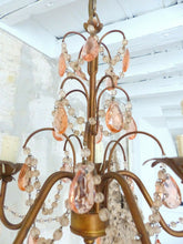 Load image into Gallery viewer, Vintage Chandelier Pink Drops Prisms Beads 1920 Italian Gilded metal 5 Lights