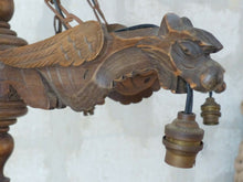 Load image into Gallery viewer, Large Vintage French Carved Wood Gothic Chimera Chandelier 6 Lights Gargoye 1950