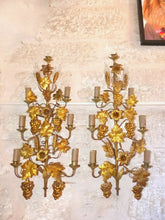Load image into Gallery viewer, Large Antique FRENCH Pair Gilded Brass Wall Light Sconces with grapes vine 19TH