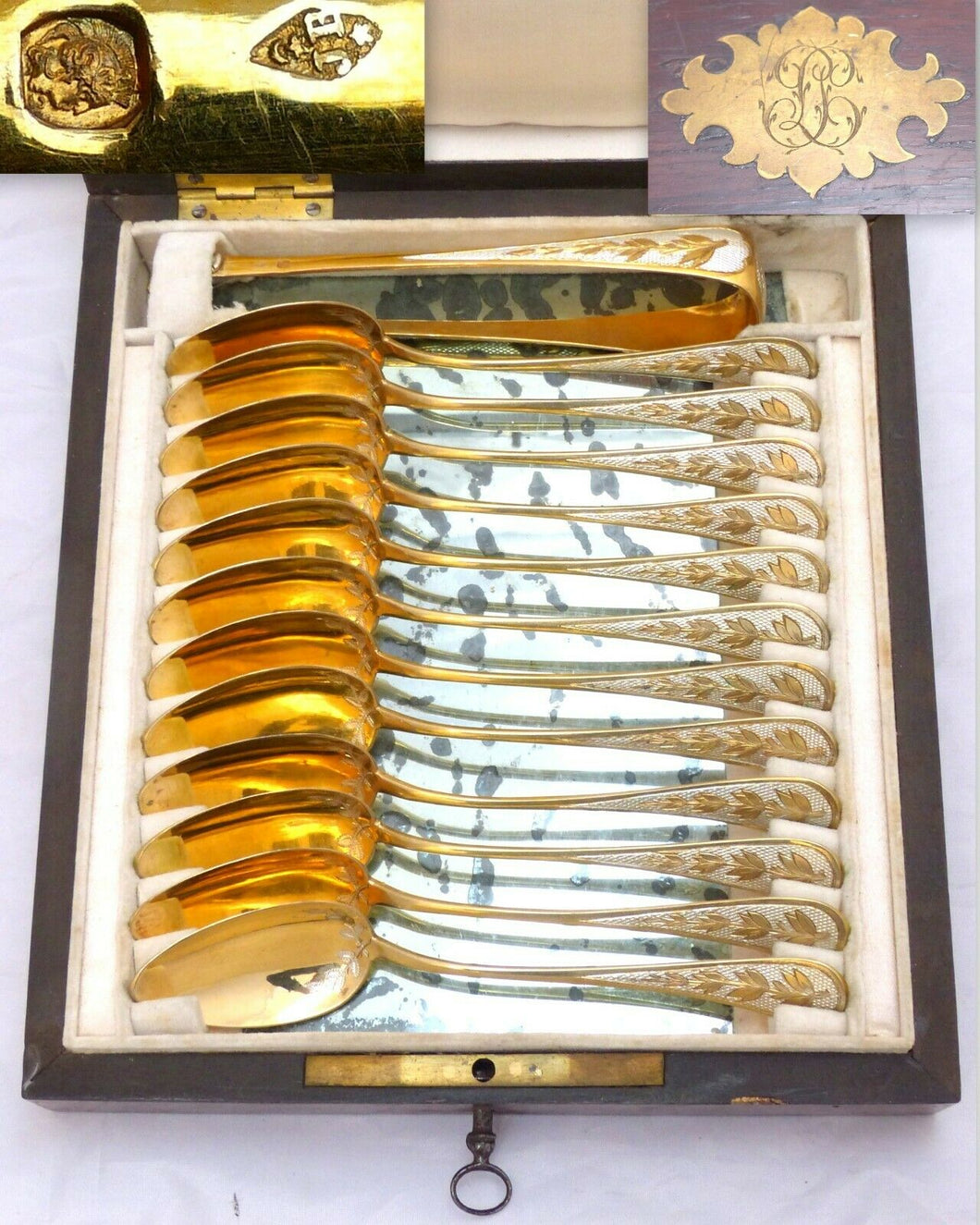 Antique French 18K Gold Vermeil Sterling Silver 13p Tea Set Teaspoons & Tong Box