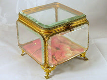 Load image into Gallery viewer, Antique French Jewelry Box 6.3" Square Thick Beveled Glass Bronze Casket Vitrine