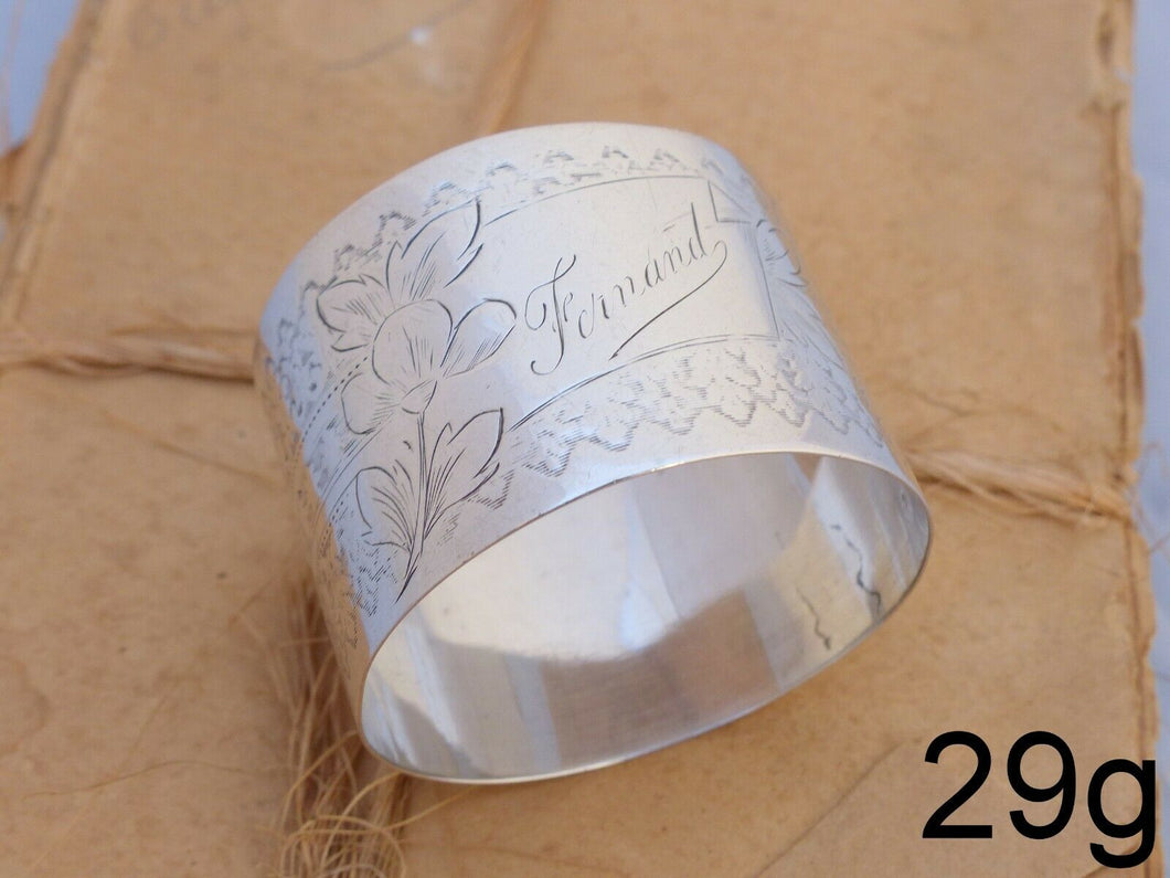19TH Antique French Sterling Silver Napkin Ring Highly Guilloche Style Cartouche