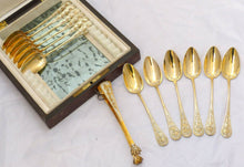 Load image into Gallery viewer, Antique French 18K Gold Vermeil Sterling Silver 13p Tea Set Teaspoons &amp; Tong Box
