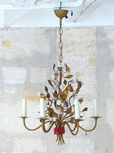 Load image into Gallery viewer, Antique Florentine Chandelier Gilded metal Porcelain Flower 30's Italian Ceiling