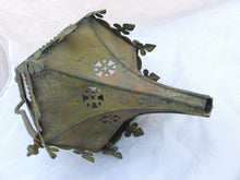 Load image into Gallery viewer, Antiq Religious Gothic Church Lantern Light Green Brass Glass Candle Holder 19TH