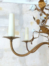 Load image into Gallery viewer, Antique Florentine Chandelier Gilded metal Porcelain Flower 30's Italian Ceiling