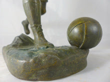 Load image into Gallery viewer, 14&quot;Tall Vintage sculpture Spelter signed FUGERE Bronze patina 1930 Soccer Sport
