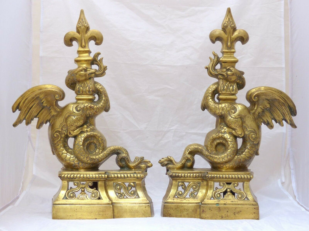 OMG Gothic Antique Bronze Pair Andirons 1880 Fire Dogs Fireplace Chimera Griffin