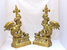 Load image into Gallery viewer, OMG Gothic Antique Bronze Pair Andirons 1880 Fire Dogs Fireplace Chimera Griffin
