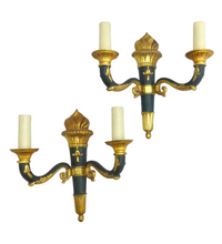 Load image into Gallery viewer, Antique PAIR French Empire Wall Light Sconce 2 Lights Torch Gilded Bronze 1930