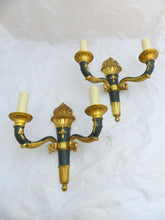 Load image into Gallery viewer, Antique PAIR French Empire Wall Light Sconce 2 Lights Torch Gilded Bronze 1930