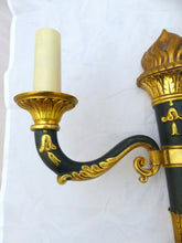 Load image into Gallery viewer, Antique PAIR French Empire Wall Light Sconce 2 Lights Torch Gilded Bronze 1930