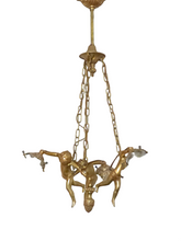 Load image into Gallery viewer, Vintage French 3 Arms Ormolu Bronze & Glass Chandelier Ceiling Cherub Putti