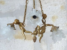 Load image into Gallery viewer, Vintage French 3 Arms Ormolu Bronze & Glass Chandelier Ceiling Cherub Putti