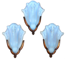 Load image into Gallery viewer, Gorgeous Set 3 Anglewall Light Sconces ART DECO Opalescent Glass signed EZAN