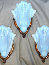 Load image into Gallery viewer, Gorgeous Set 3 Anglewall Light Sconces ART DECO Opalescent Glass signed EZAN