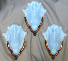 Load image into Gallery viewer, Gorgeous Set 3 Anglewall Light Sconces ART DECO Opalescent Glass signed EZAN
