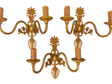 Load image into Gallery viewer, Vintage Set 3x French Empire Wall Light Sconce 2 Light Gilded Bronze brass 1960