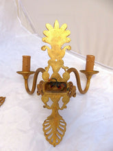 Load image into Gallery viewer, Vintage Set 3x French Empire Wall Light Sconce 2 Light Gilded Bronze brass 1960