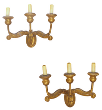 Load image into Gallery viewer, Gorgeous Italian PAIR Antique Gilded Gilded Wood Triple Wall light Sconce 1900