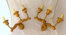 Load image into Gallery viewer, Gorgeous Italian PAIR Antique Gilded Gilded Wood Triple Wall light Sconce 1900
