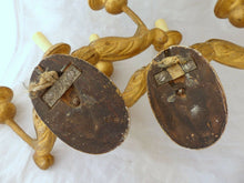 Load image into Gallery viewer, Gorgeous Italian PAIR Antique Gilded Gilded Wood Triple Wall light Sconce 1900