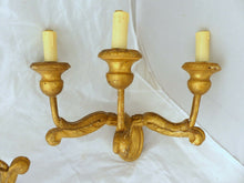 Load image into Gallery viewer, Gorgeous Italian PAIR Antique Gilded Gilded Wood Triple Wall light Sconce 1900