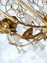 Load image into Gallery viewer, Vintage Chandelier Frosted Glass Drops Flowers Prisms Beads 1960 Italian Gilded