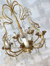 Load image into Gallery viewer, Vintage Chandelier Frosted Glass Drops Flowers Prisms Beads 1960 Italian Gilded