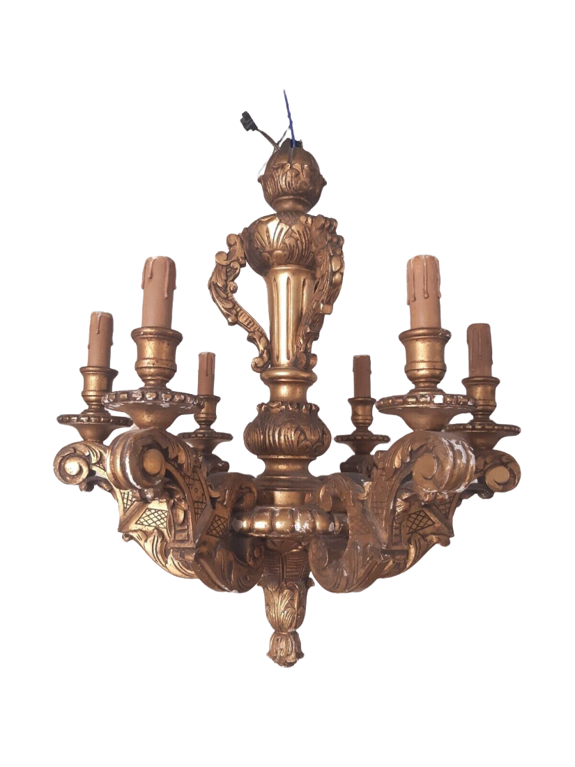 Gorgeous Antique Italian 6 Arms Gilded Carved Wood Chandelier Ceiling Late 1900