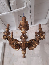 Load image into Gallery viewer, Gorgeous Antique Italian 6 Arms Gilded Carved Wood Chandelier Ceiling Late 1900
