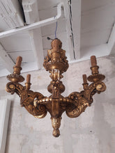Load image into Gallery viewer, Gorgeous Antique Italian 6 Arms Gilded Carved Wood Chandelier Ceiling Late 1900