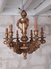 Load image into Gallery viewer, Gorgeous Antique Italian 6 Arms Gilded Carved Wood Chandelier Ceiling Late 1900