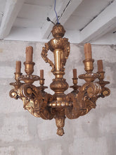Load image into Gallery viewer, Gorgeous Antique Italian 6 Arms Gilded Carved Wood Chandelier Ceiling Late 1900