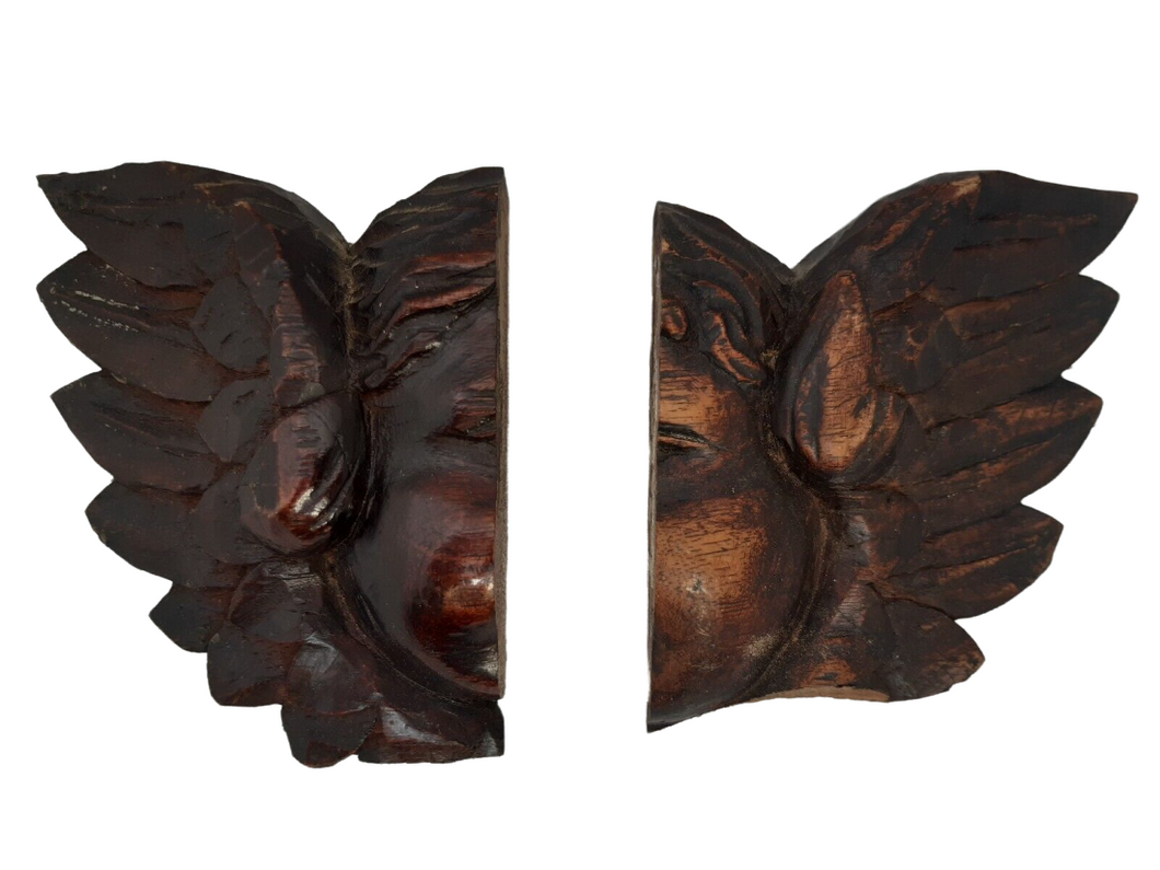 17TH Antique PAIR French Carved Cherub Angel Head Walnut Wood Ornament Wings #2