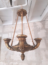 Load image into Gallery viewer, Antique French 4 Arms Rare Gilded Curved Wood Chandelier Ceiling Empire Pine