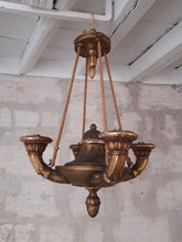 Load image into Gallery viewer, Antique French 4 Arms Rare Gilded Curved Wood Chandelier Ceiling Empire Pine