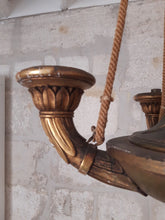 Load image into Gallery viewer, Antique French 4 Arms Rare Gilded Curved Wood Chandelier Ceiling Empire Pine