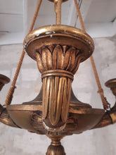 Load image into Gallery viewer, Antique French 4 Arms Rare Gilded Curved Wood Chandelier Ceiling Empire Pine