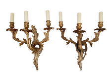 Load image into Gallery viewer, Vintage Pair French Louis XV Wall Light Sconce 3 Light Gilded Brass 1960 Rococo