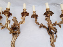 Load image into Gallery viewer, Vintage Pair French Louis XV Wall Light Sconce 3 Light Gilded Brass 1960 Rococo