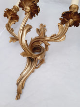 Load image into Gallery viewer, Vintage Pair French Louis XV Wall Light Sconce 3 Light Gilded Brass 1960 Rococo