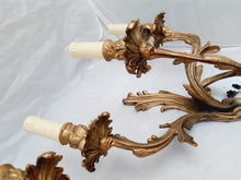 Load image into Gallery viewer, Vintage Pair French Louis XV Wall Light Sconce 3 Light Gilded Brass 1960 Rococo