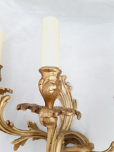 Load image into Gallery viewer, Vintage Pair French Louis XV Wall Light Sconce 3 Light Gilded Brass 1960 Rococo