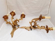 Load image into Gallery viewer, Vintage Pair French Louis XV Wall Light Sconce 3 Light Gilded Brass 1960 Rococo