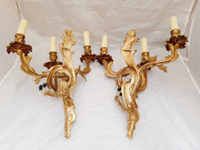 Load image into Gallery viewer, Vintage Pair French Louis XV Wall Light Sconce 3 Light Gilded Brass 1960 Rococo
