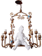 Load image into Gallery viewer, Excpt. XL Italian Mid-Century Gilt Iron Cherub Floral Chandelier Ceiling 10light