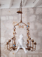 Load image into Gallery viewer, Excpt. XL Italian Mid-Century Gilt Iron Cherub Floral Chandelier Ceiling 10light