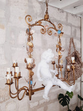Load image into Gallery viewer, Excpt. XL Italian Mid-Century Gilt Iron Cherub Floral Chandelier Ceiling 10light