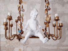 Load image into Gallery viewer, Excpt. XL Italian Mid-Century Gilt Iron Cherub Floral Chandelier Ceiling 10light